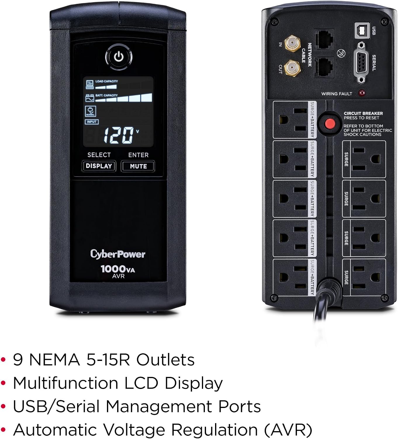 CP1000AVRLCD Intelligent LCD UPS Battery Backup | Surge Protector, 1000VA/600W, 9 Outlets, AVR, Mini-Tower