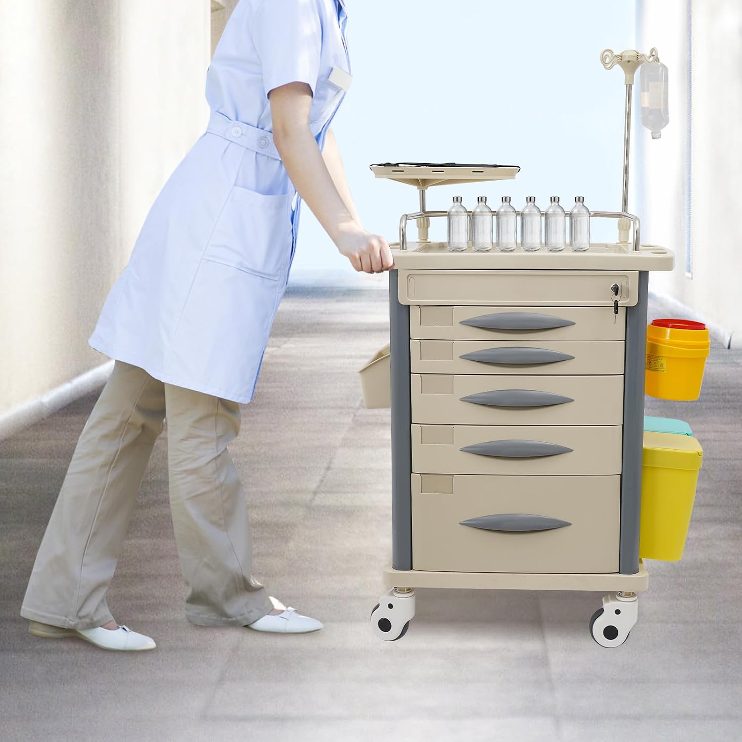 Medical Rolling Crash Cart with Accessories-CPR Board, 2 Trash Bin, Drawers with Dividers, Mobile Medical Cart for