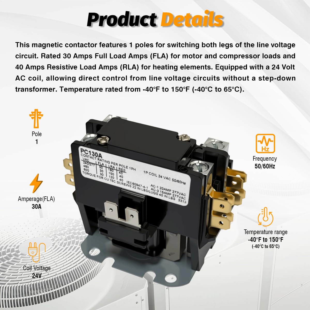 PC130A HVAC Contactor Single One 1 Pole 30 Amps 24 Volts for A/C Heat Pump