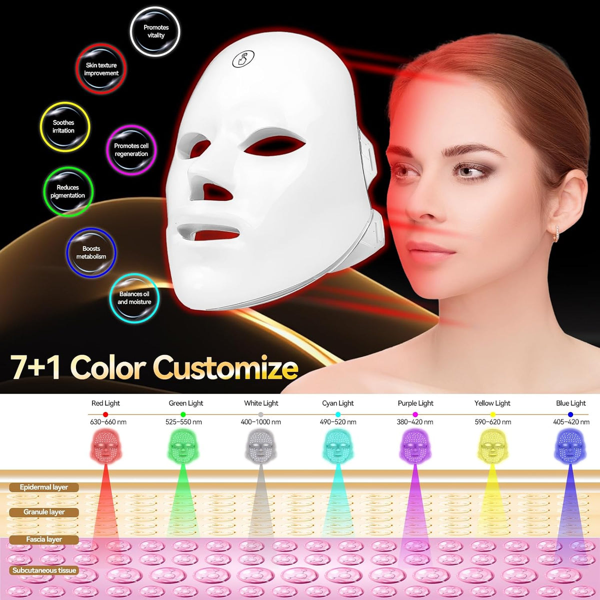 Red Light Therapy for Face LED Light Therapy Mask for Face 7+1 Colors LED Facial Skin Care Mask Rechargeable Beauty