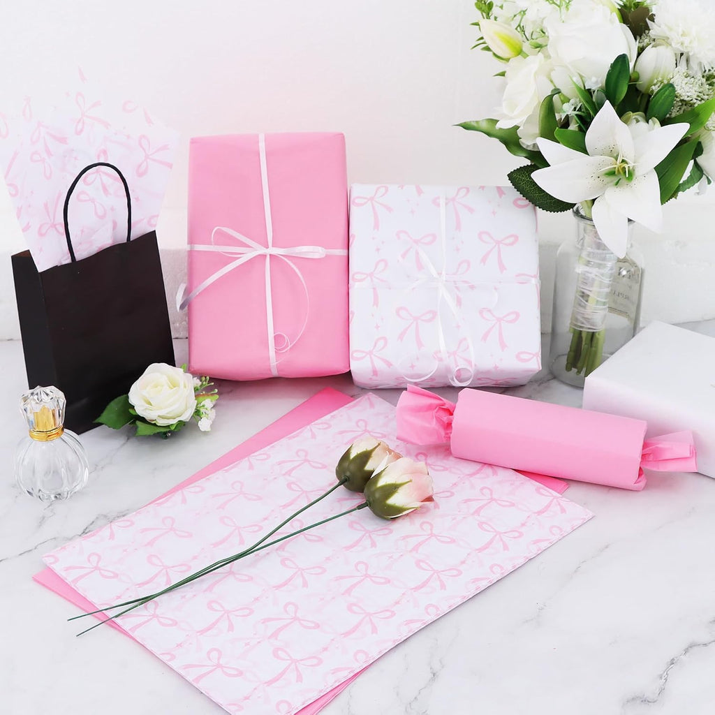 BBEISHIDA 60 Sheets Pink Bow Tissue Paper for Gift Wrapping and Gift Bags