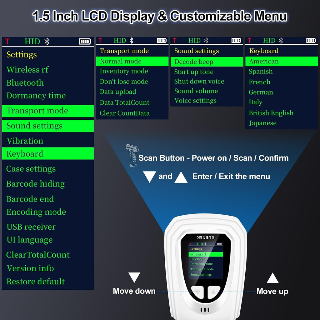 1D QR 2D Barcode Scanner, Bluetooth Wireless Bar Code Reader | Setting Keypad & LCD Screen Display & AI Voice