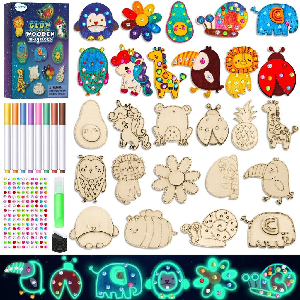 Kids Crafts, 15 PCS Kids Activities Arts and Crafts Painting Kits, Glow in The Dark Wooden Magnets to Paint
