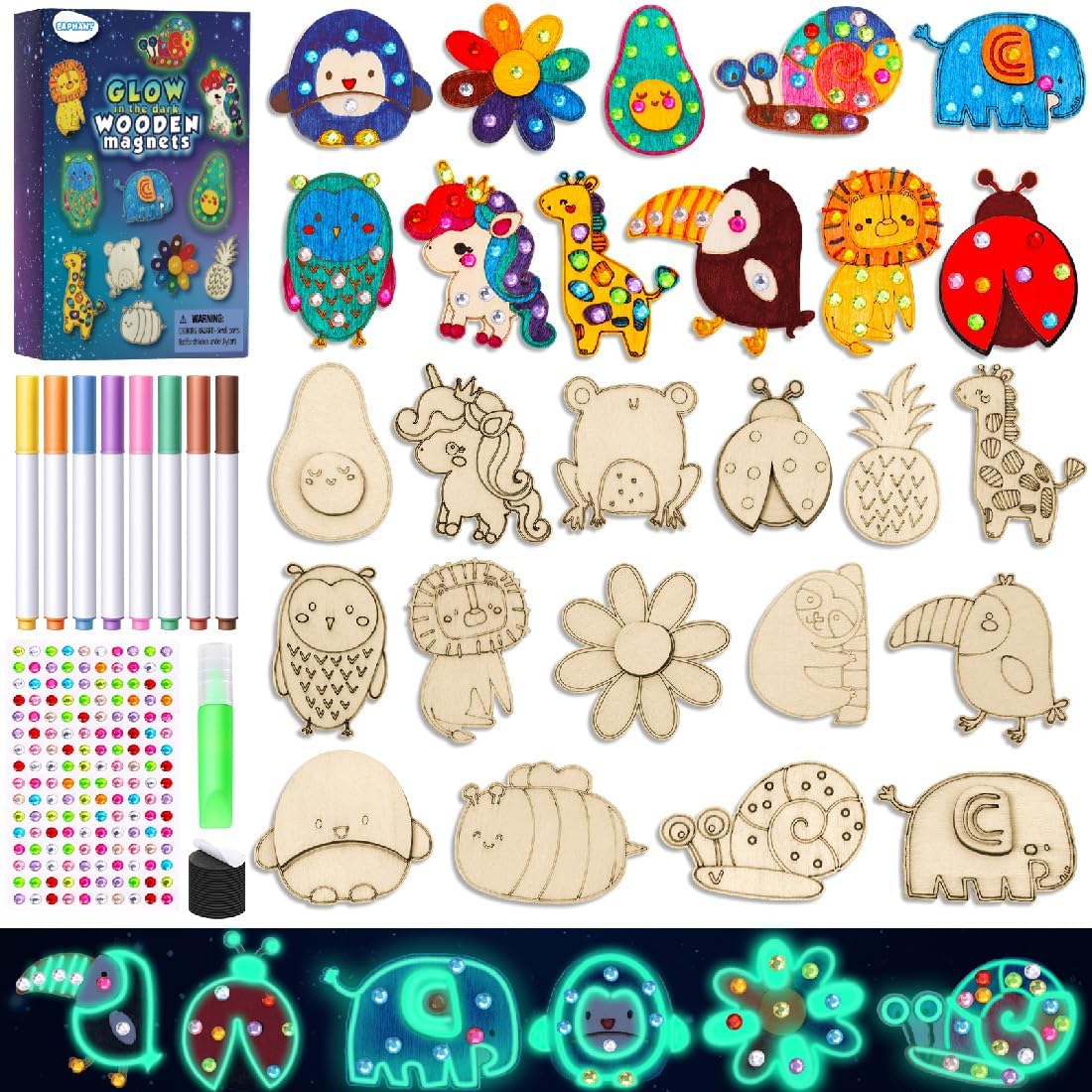 Kids Crafts, 15 PCS Kids Activities Arts and Crafts Painting Kits, Glow in The Dark Wooden Magnets to Paint
