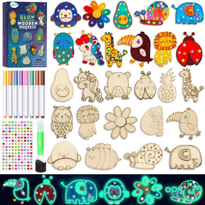Kids Crafts, 15 PCS Kids Activities Arts and Crafts Painting Kits, Glow in The Dark Wooden Magnets to Paint