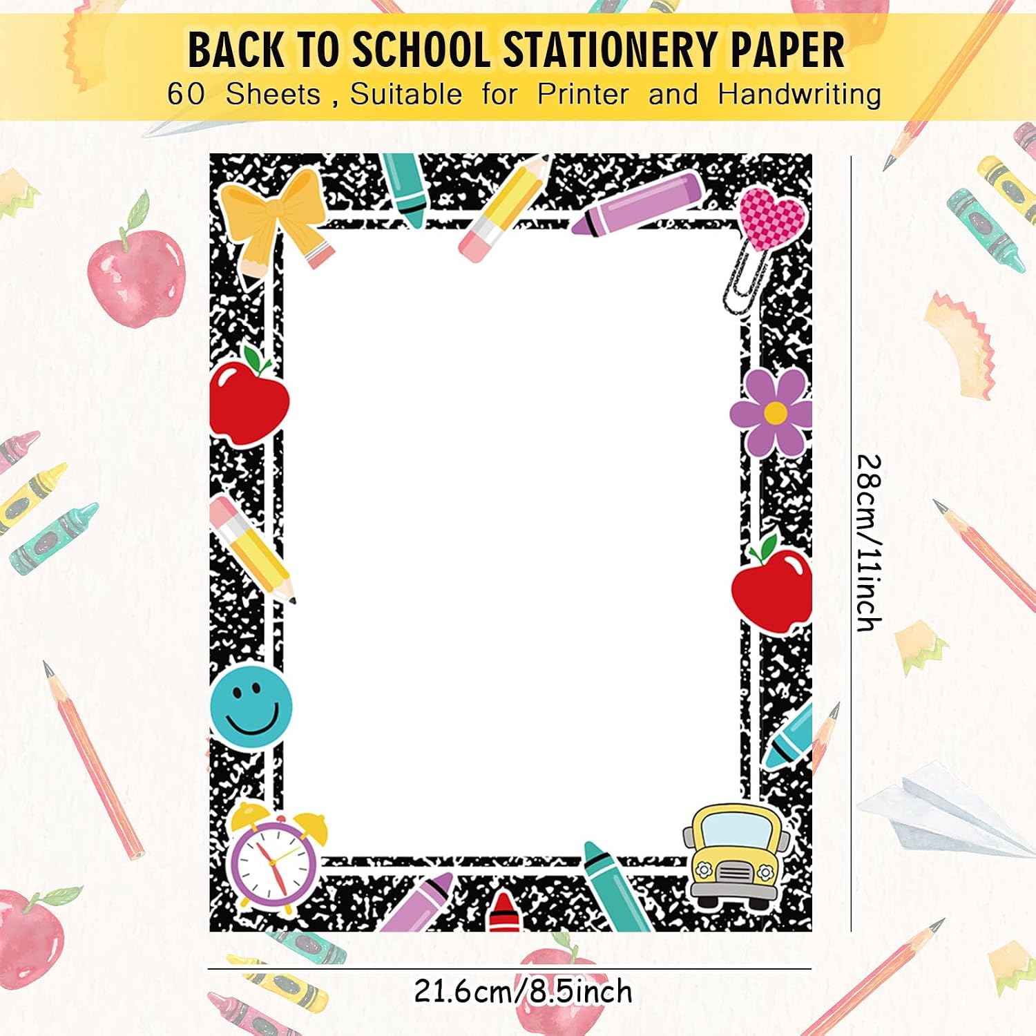 60 Sheet Back to School Stationery Paper Letterhead Black Composition Book Style Writing Paper for Home School Party