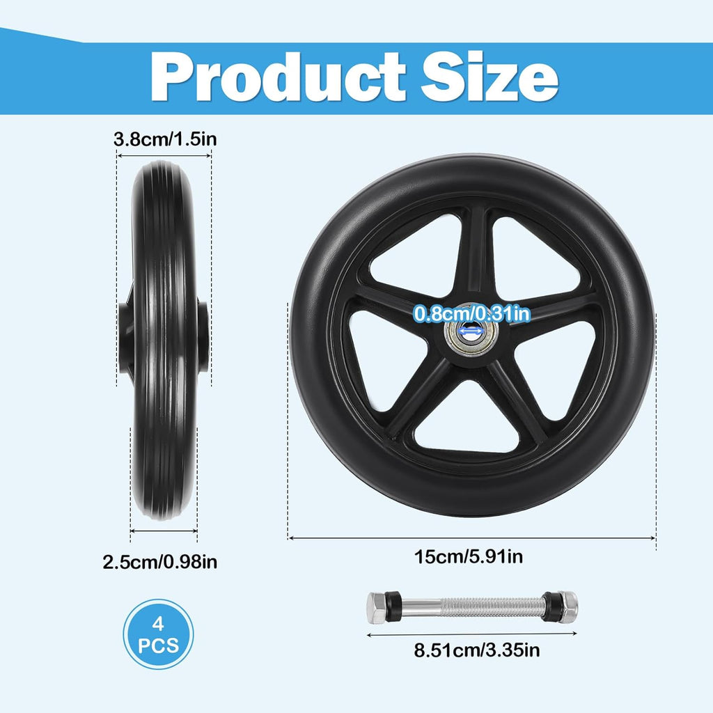 4 Pack Wheel Replacement with 4 Axles, 6 Inch Heavy-Duty Anti-Slip Solid Caster Roller Wheels for Walkers Wheelchair