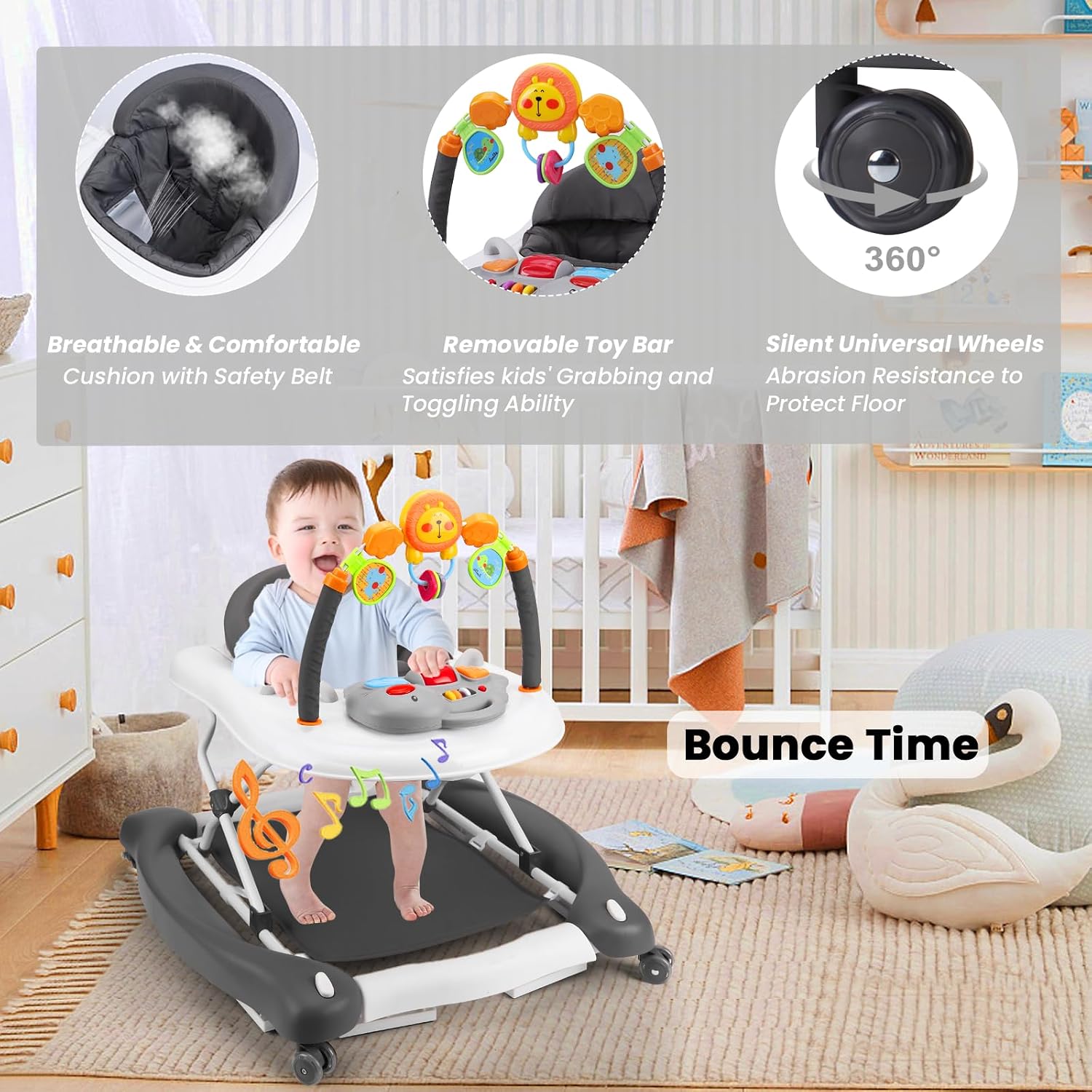 Baby Walker, 5-in-1 Baby Walkers for Boys and Girls 6-12 Months with Bouncer, Removable Footrest, Feeding Tray &