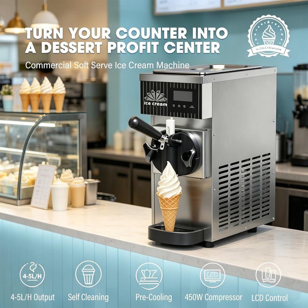Soft Serve Ice Cream Machine, Commercial Countertop Ice Cream Maker with 4-5l/H Output, Digital Adjustment Panel