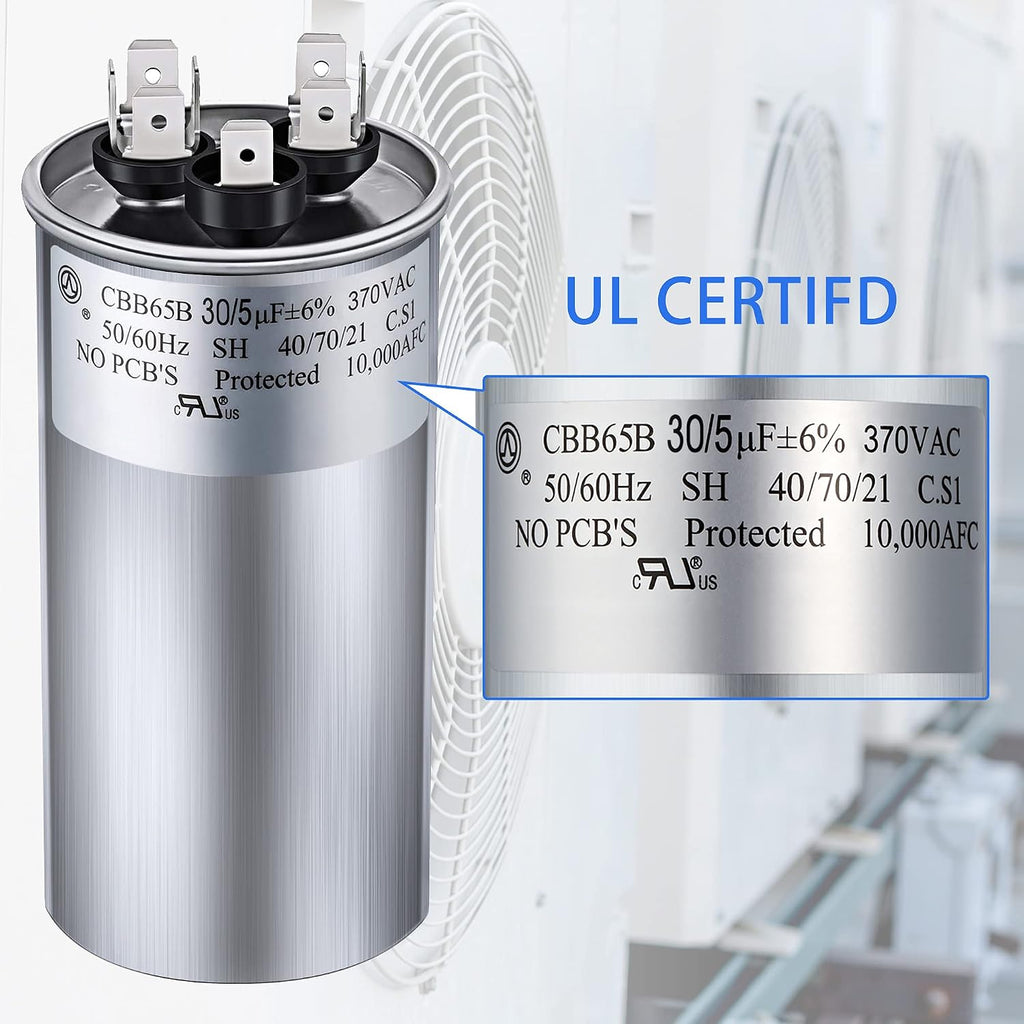 Fiada 30/5 MFD uF 370/440V CBB65 Dual Run Round Capacitor for AC Motor