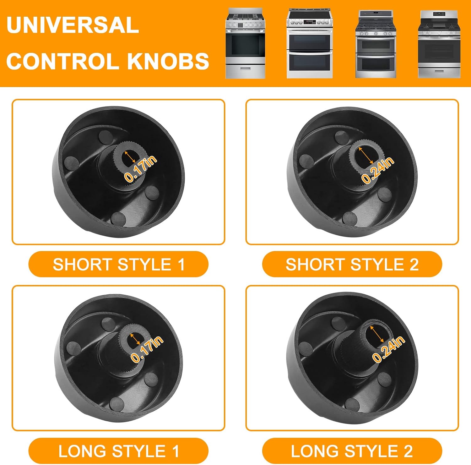 Universal Oven Knobs 4 Black Stove Knobs,12 Adapters, 4 Long, 8 Short | Compatible with Most Gas & Electric Ranges &