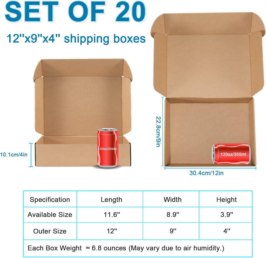 Kraft Brown Shipping Boxes 12x9x4 Inches, 20 Pack