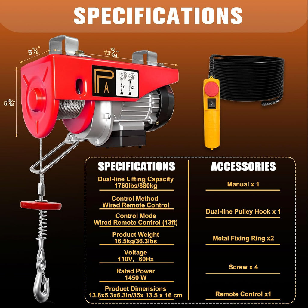 Electric Hoist,1760Lbs Winch with Remote Control,Electric Winch Single/Double Slings 38ft Lifting Height with
