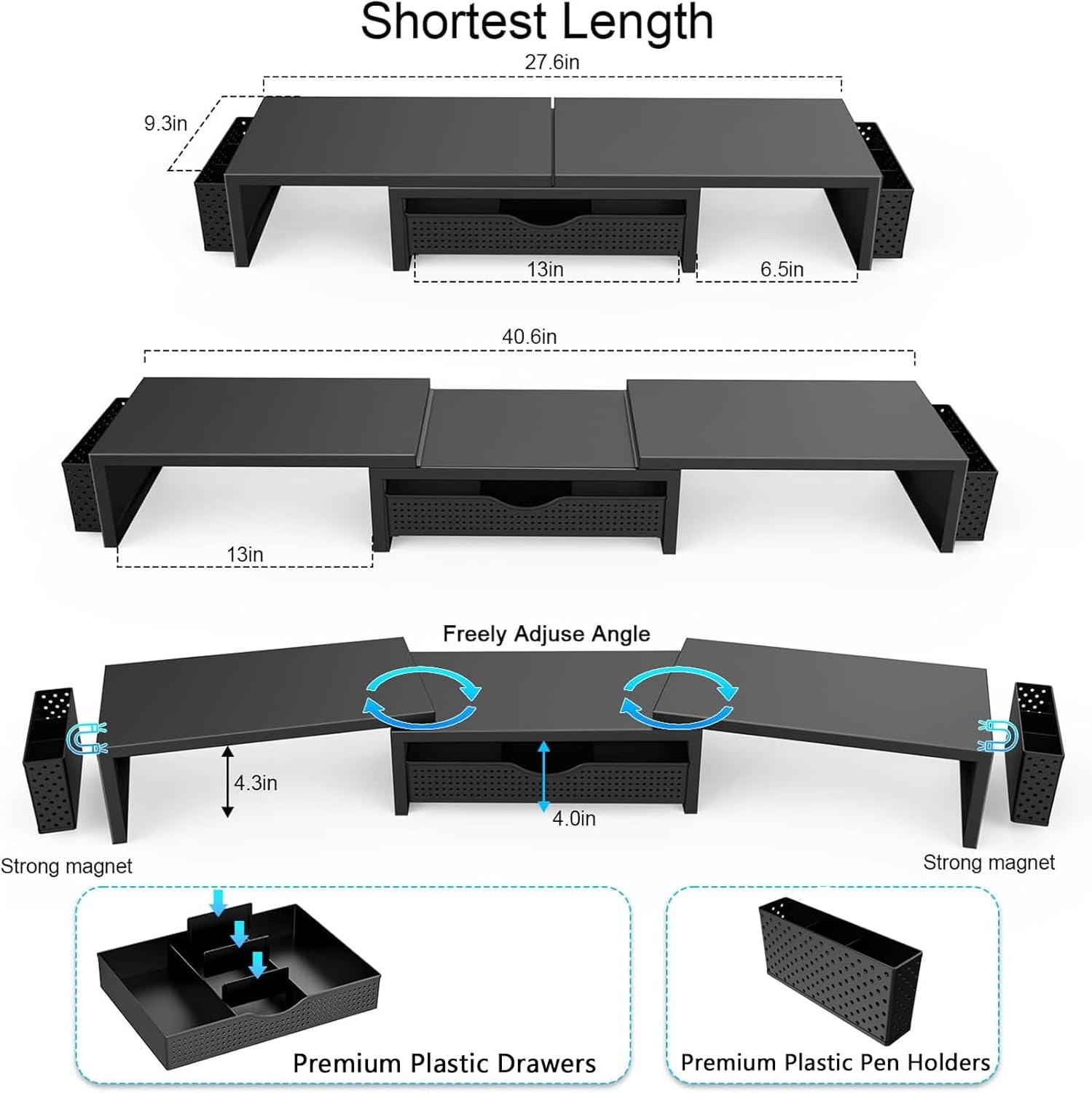Dual Monitor Stand Riser, Desk Organizer With Drawer and 2 Pen Holders, Computer Monitor Stand, Desk Shelf for Top of