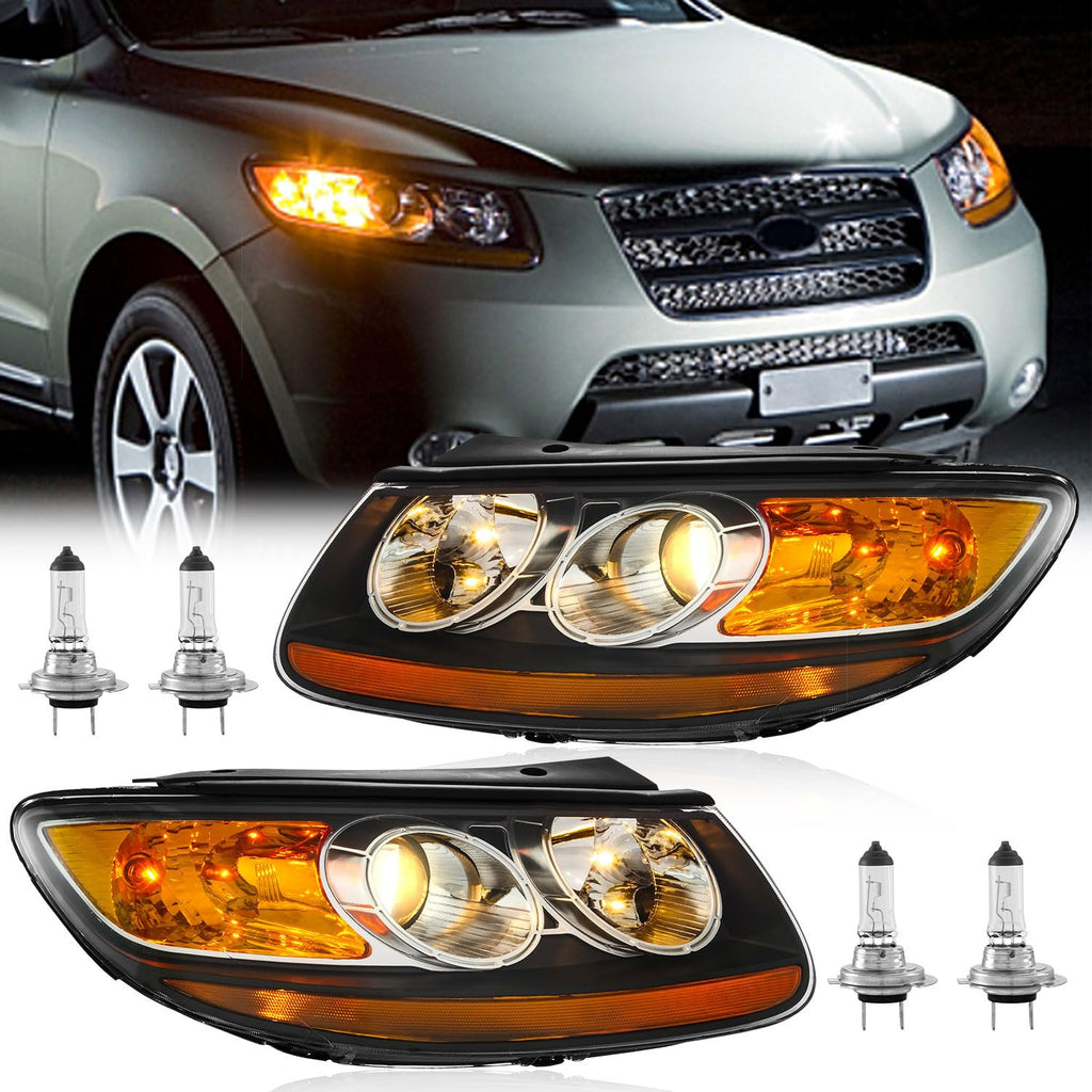 Headlights Assembly Pair For 2007 2008 2009 2010 2011 2012 Hyundai Santa Fe 6 Pin Headlamp Replacement with Bulbs