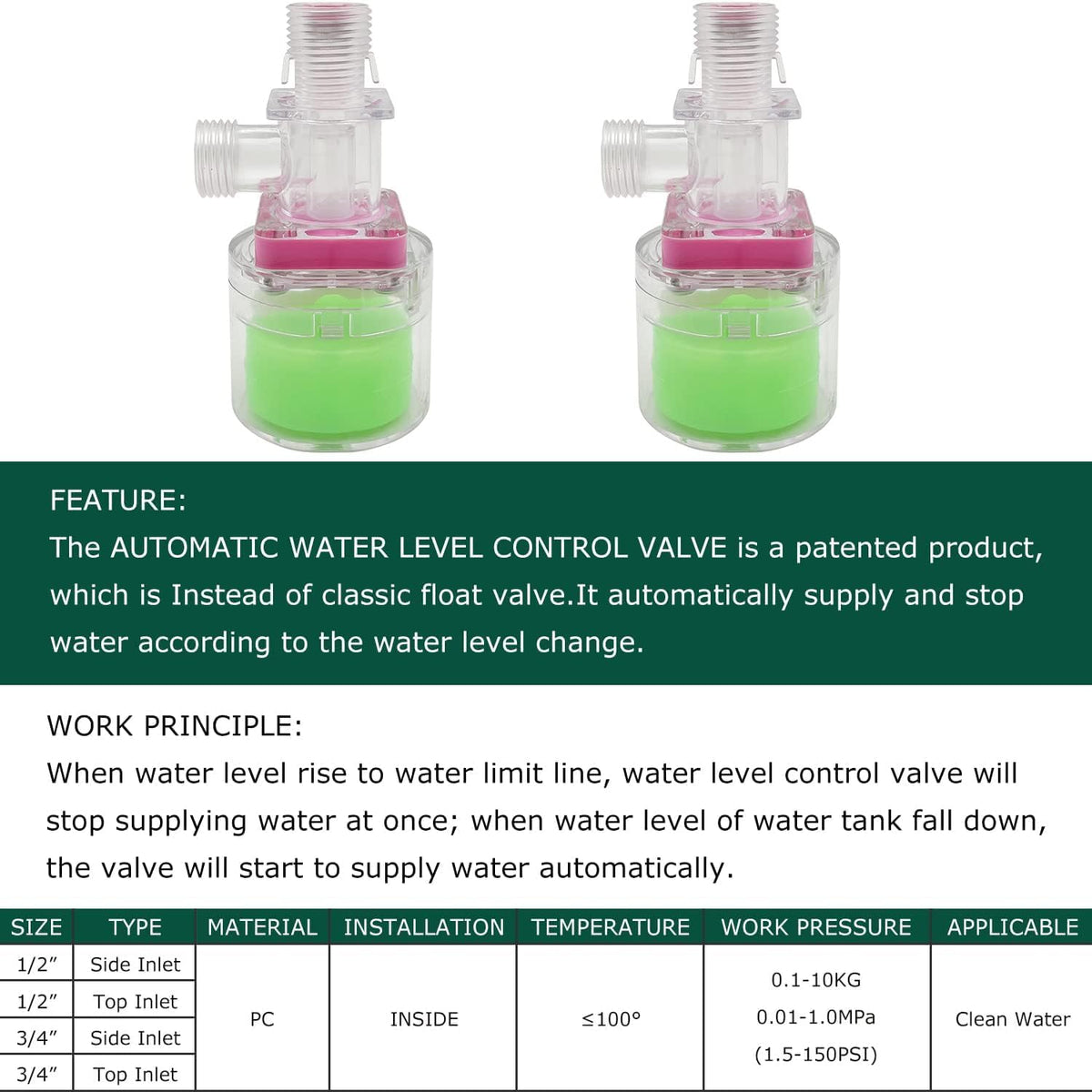 Transparency Water Float Valve, Water Level Control Water Tank Traditional Float Valve Upgrade (1/2” to 1/4“ UP)