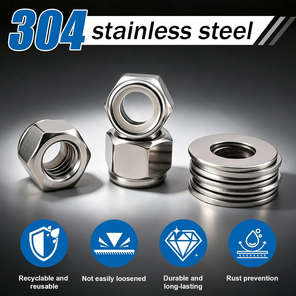 SAE Lock Nut Flat Washer Kit 330Pcs 304 Stainless Nylon Insert Locknut