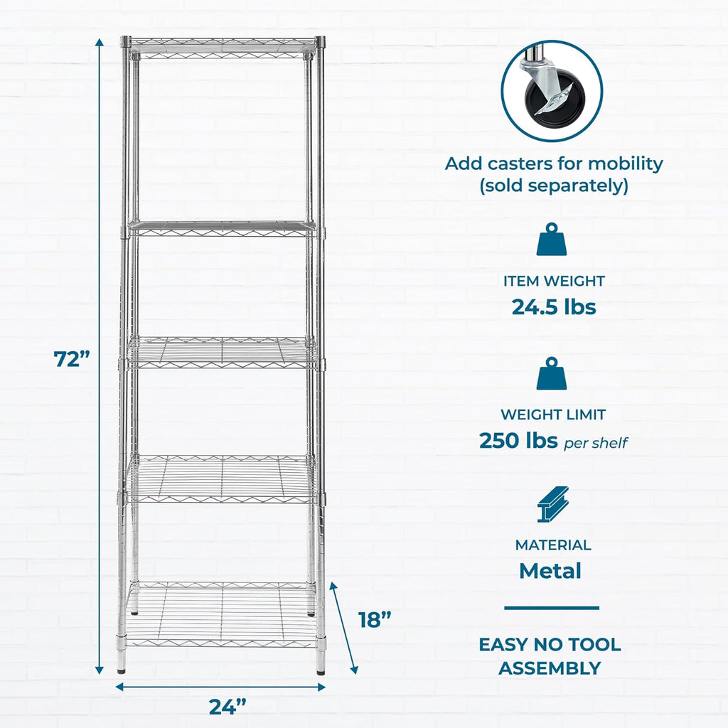 5-Tier Heavy Duty Adjustable Shelving Unit, 250-lb Per Shelf NSF Certified Metal Storage Rack, Chrome Wire Shelf for