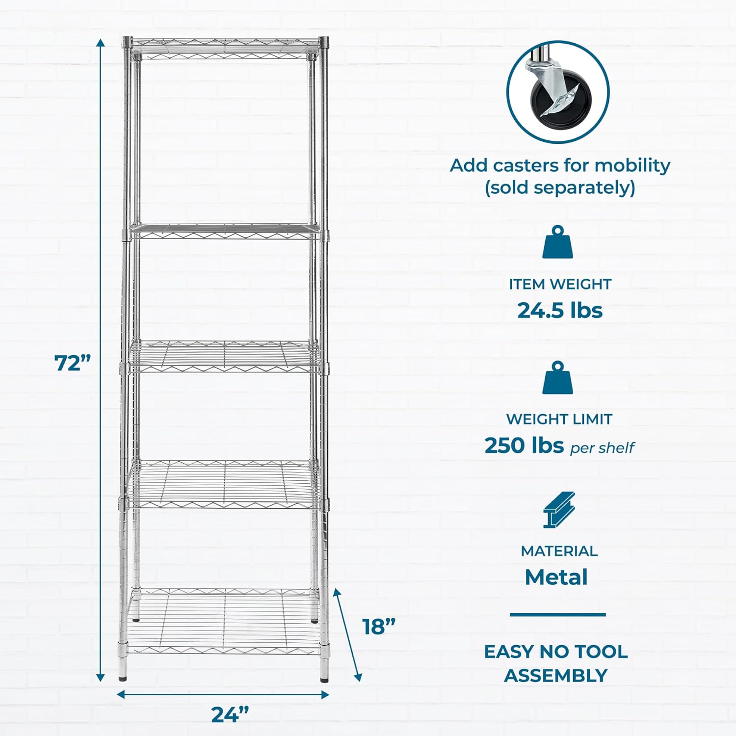 5-Tier Heavy Duty Adjustable Shelving Unit, 250-lb Per Shelf NSF Certified Metal Storage Rack, Chrome Wire Shelf for