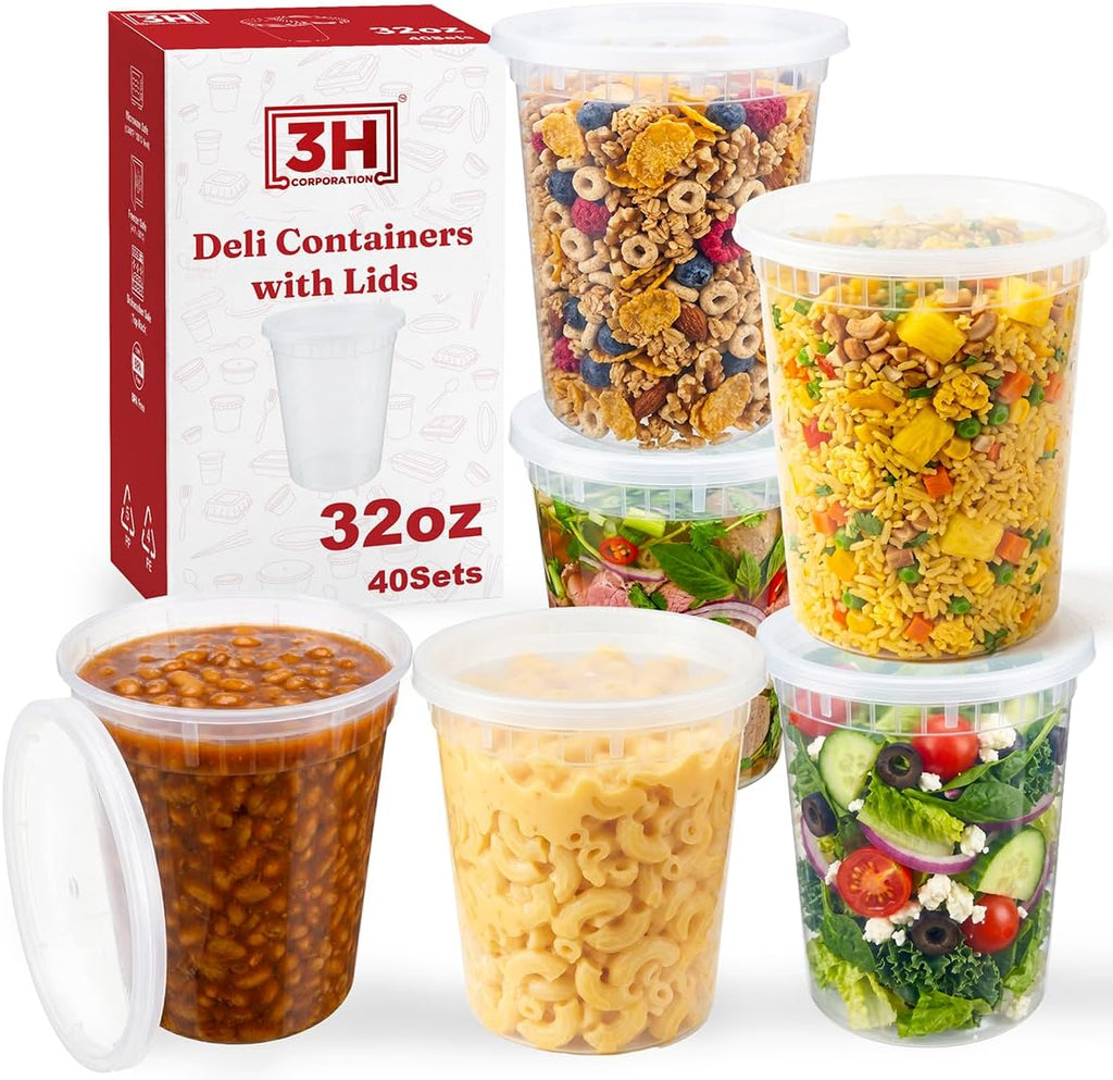 32oz Deli Containers with Lids (40 Sets/80 Pcs) Quart Plastic Containers with lids, BPA-Free Microwave Freezer Safe