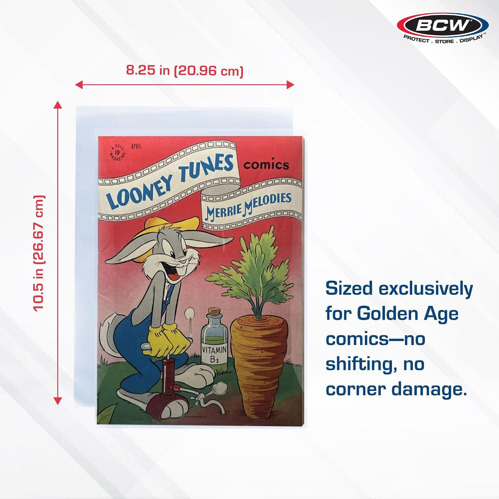 Golden Comic Storage | Archival Polyester Mylar Comic Bags| 4 mil Thickness | Fits Golden Age Comics | 1-1/2" Closure