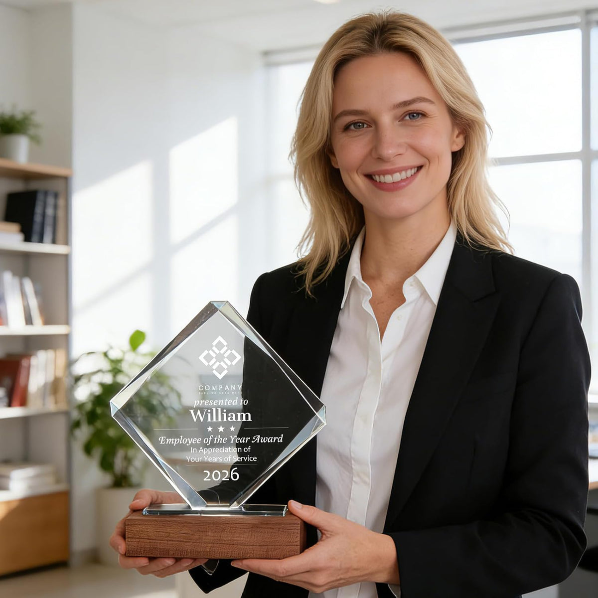 SHIP NEXT DAY, Personalized Crystal Award Trophy - Custom with Company Logo Text & Employee Name, Engraved Award for