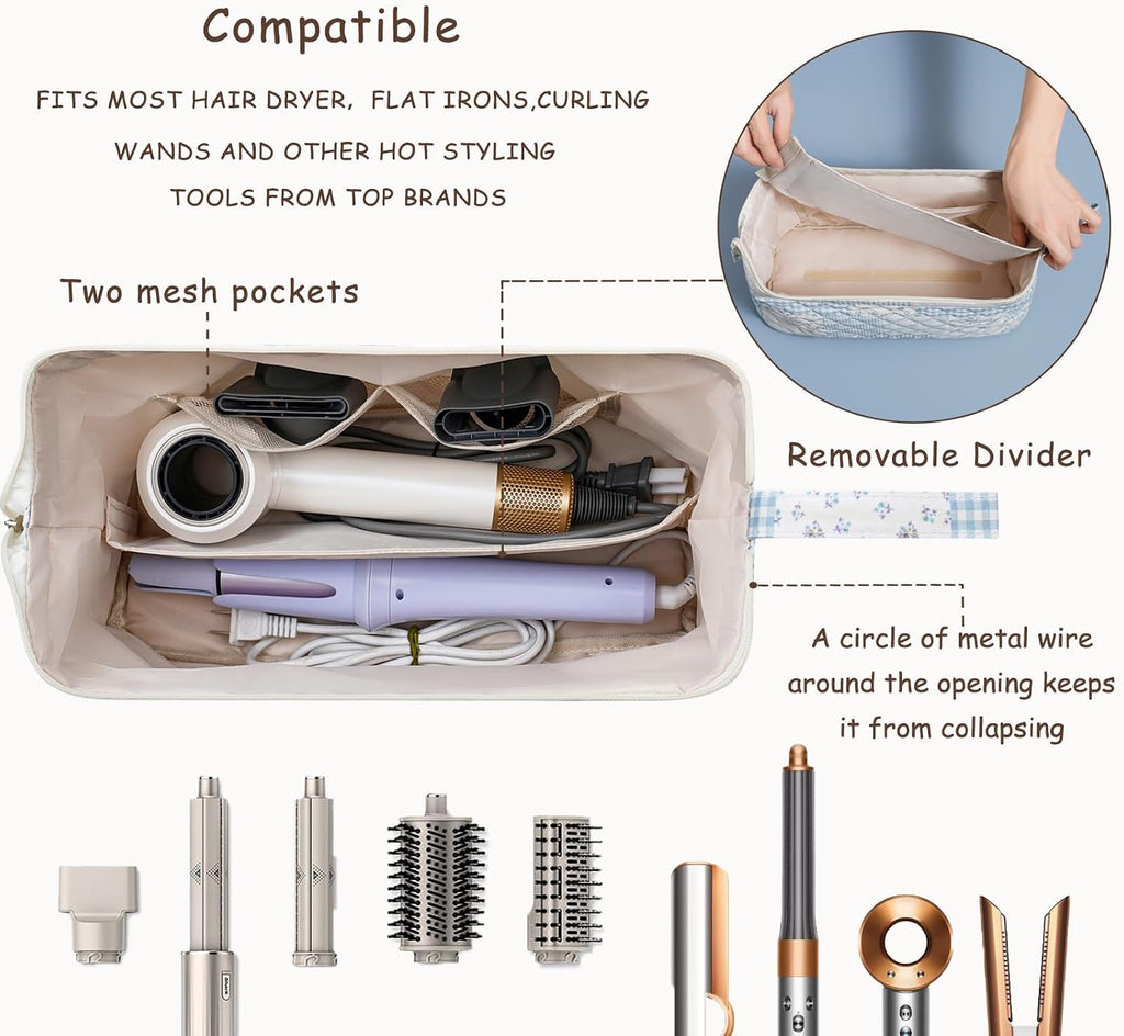 Large Quilted Hair Tools Travel Bag,Hair Styling Accessories Storage Case for Hair Dryer,Curling Iron,Flat
