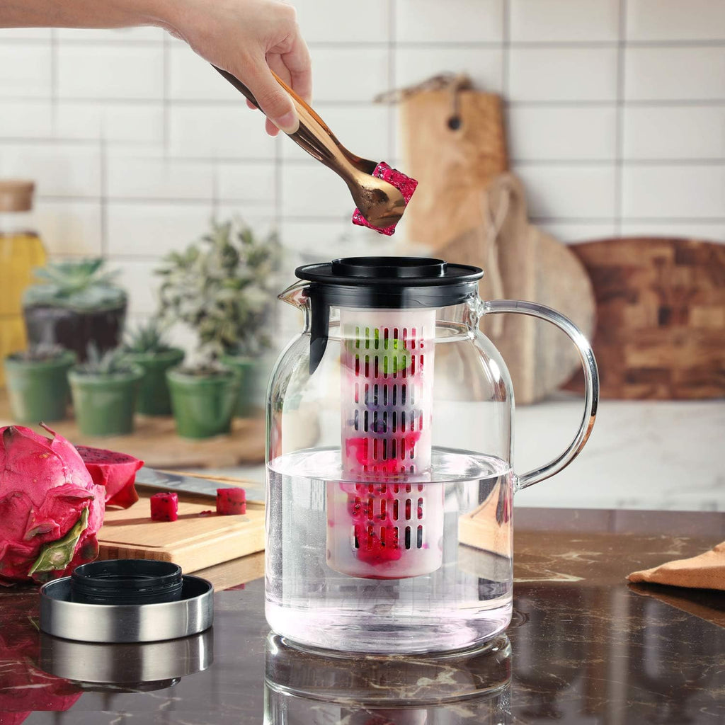 Glass Water Pitcher, Fruit Infuser Pitcher with Removable Lid, High Heat Resistance Infusion Carafe for Hot/Cold
