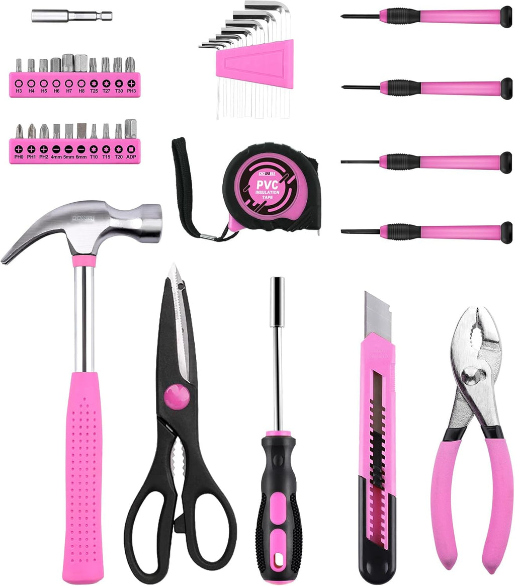40 Pieces Home Tool Set Pink, General Household Hand Tool Kit with Plastic Toolbox Storage Case, Mini Repair Tool kit