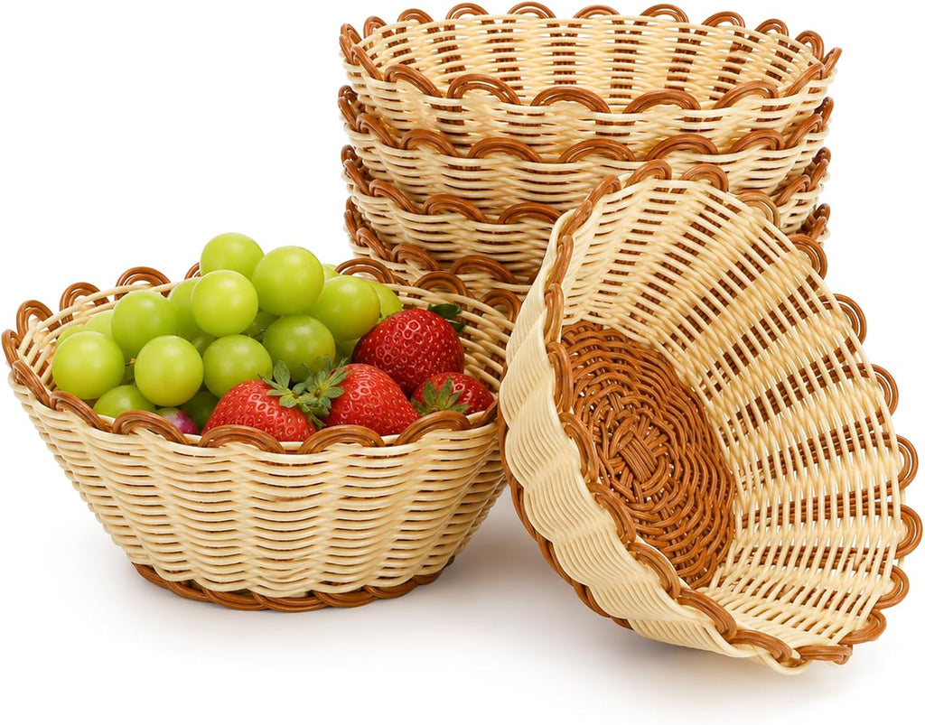 6 Pack Wicker Bread Baskets, 8 Inch Round Serving Baskets for Fast Food, Fruit, Breakfast, Restaurant, Bakery