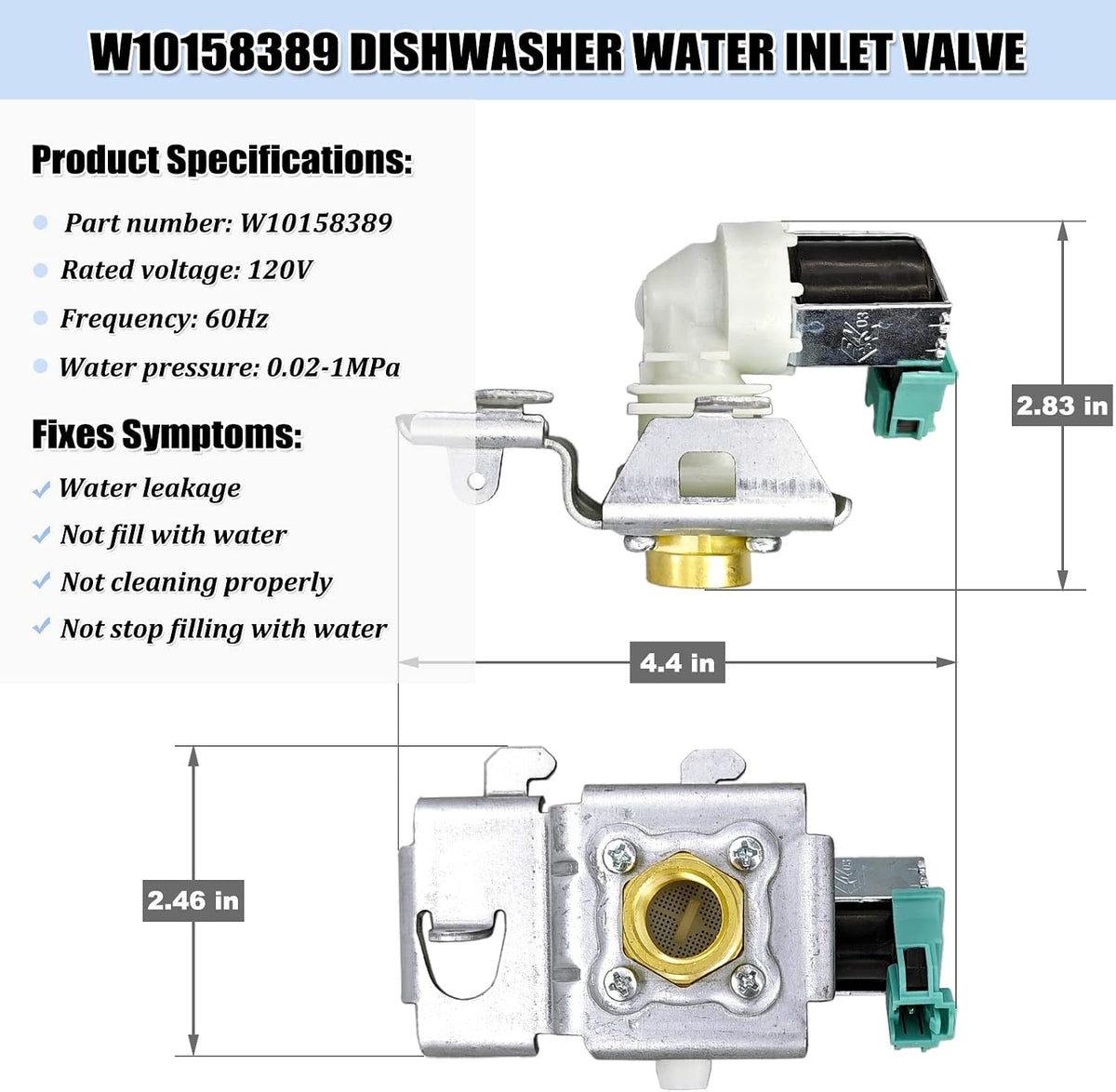 WPW10158389 Dishwasher Water Inlet Valve Replacement for Whirlpool, Kenmore, KitchenAid, Maytag - Replaces AP6015932, PS11749213, W10158387, PS2348011, WPW10158389VP
