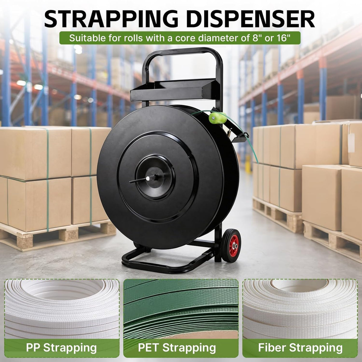 Banding Strapping Cart for 8"/16" Core, Strapping Dispenser with Wheels