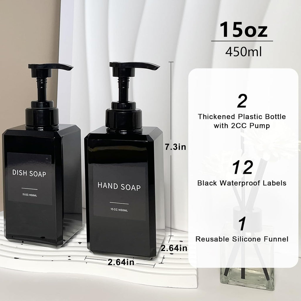 Black Soap Dispenser with Waterproof Labels, Thickened Plastic Hand Soap Dispenser for Bathroom, Kitchen Dish Washing