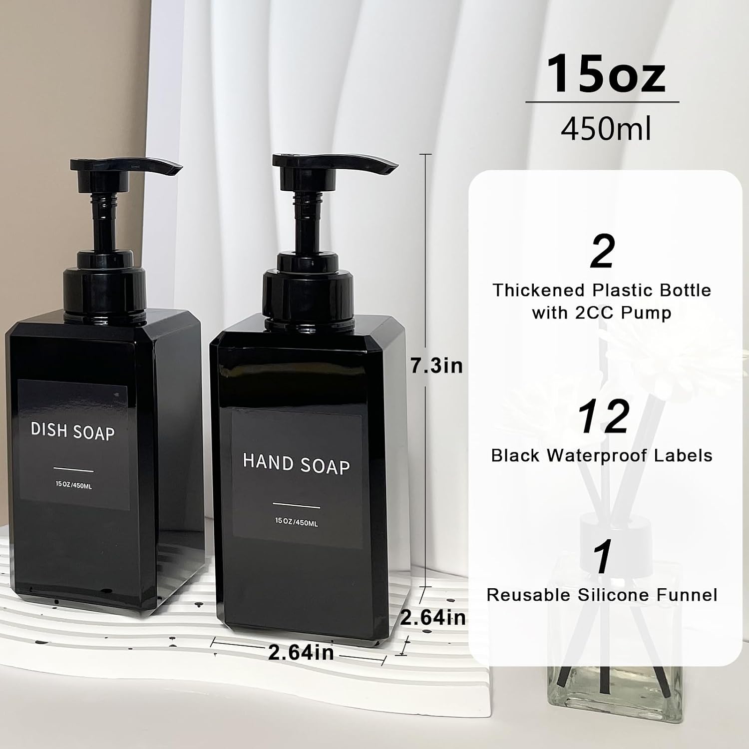 Black Soap Dispenser with Waterproof Labels, Thickened Plastic Hand Soap Dispenser for Bathroom, Kitchen Dish Washing