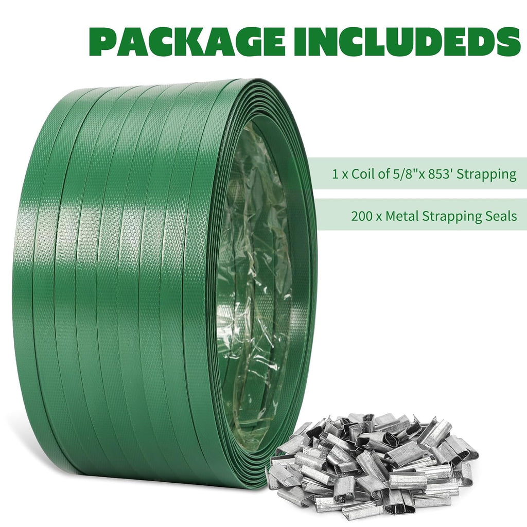 Heavy Duty Packaging Strapping Banding Roll - Green Polyester PET Industrial-Grade, 850' x 5/8" x 0.035" Pallet Strap