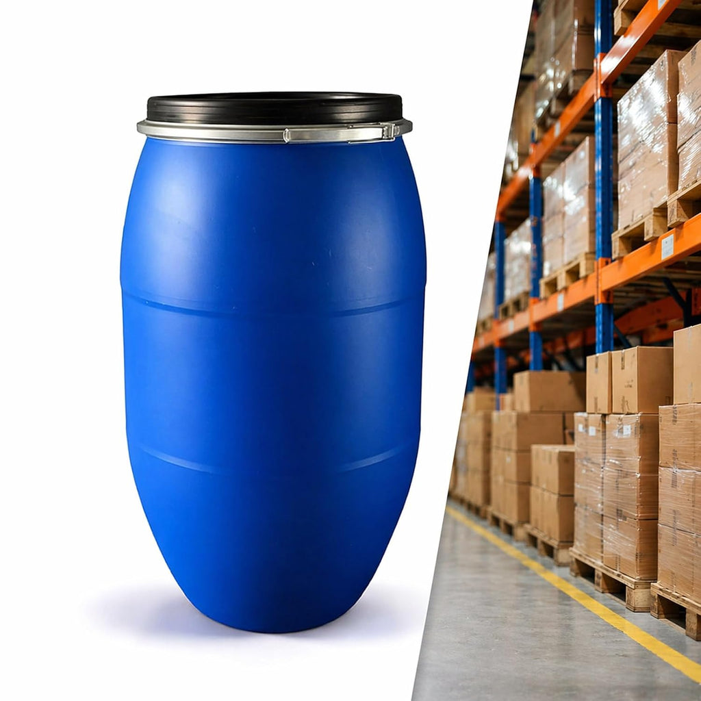 55 Gallon Rain Barrel with Lid, Multipurpose Plastic Drum for Water Storage, Feed Bin, Laundry Supplies, Basement