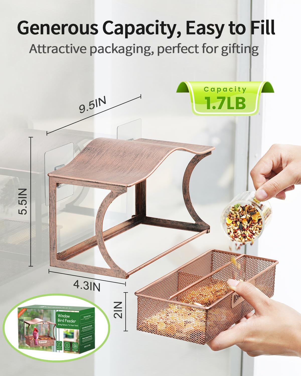 Window Bird Feeder with Strong Suction Cups, Metal Outdoor Gift - Curved