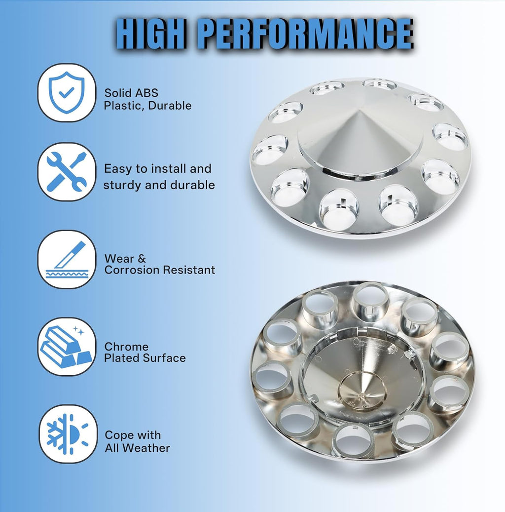 2 Chrome Front Hub Axle Cover Center Caps with 33mm Lug Nut Covers Replacement for Semi Truck 20 in, 22.5 in and 24.5
