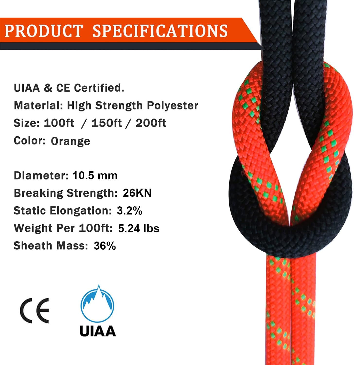 Ratifc Static Rope UIAA Rock Climbe Ropes 10.5mm 100FT Rappelling Rope for Mountain Tree Climbing, Rock