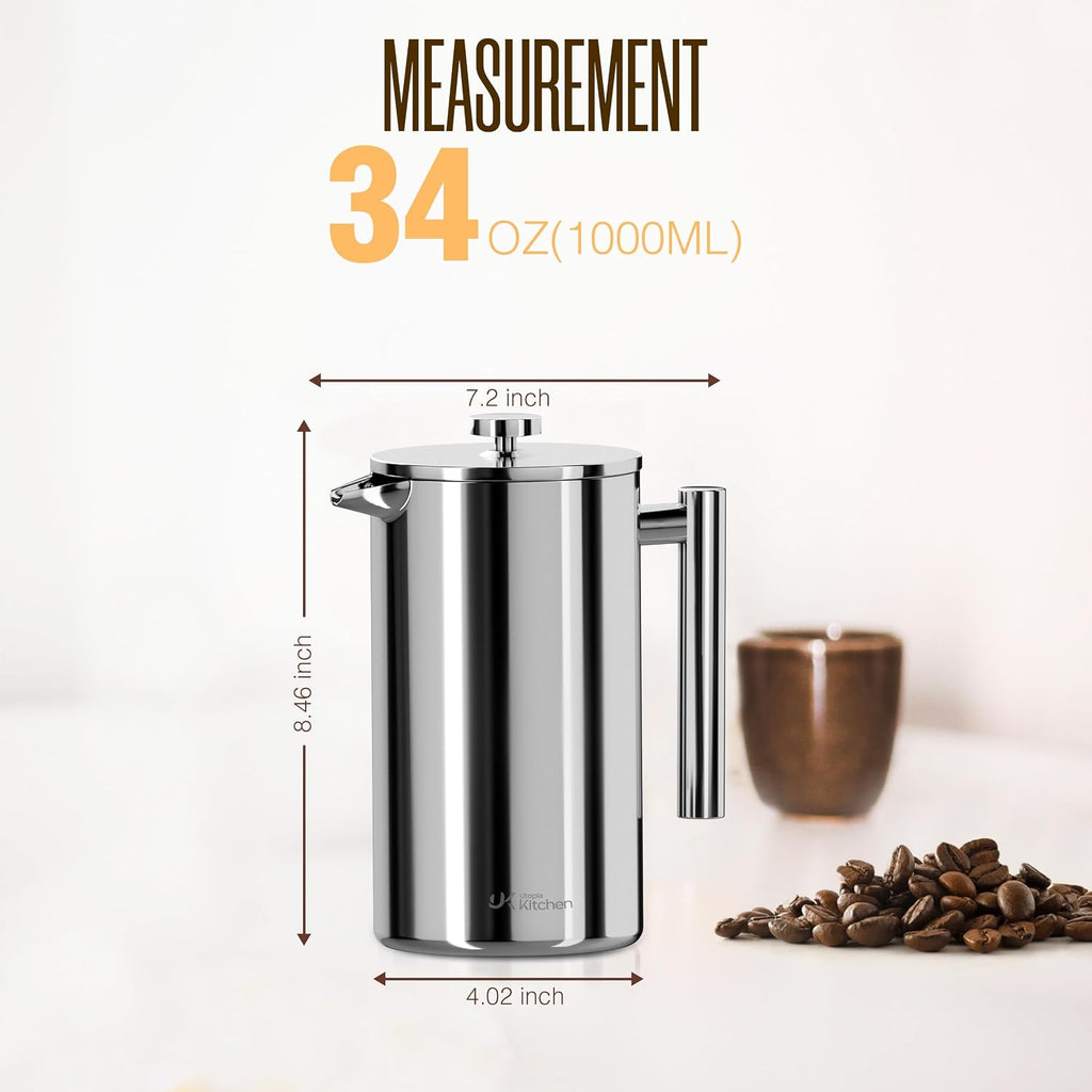 304 Grade Stainless Steel French Press 34 Oz, Silver | Double Wall Insulated Coffee Press with 4-Level Filtration