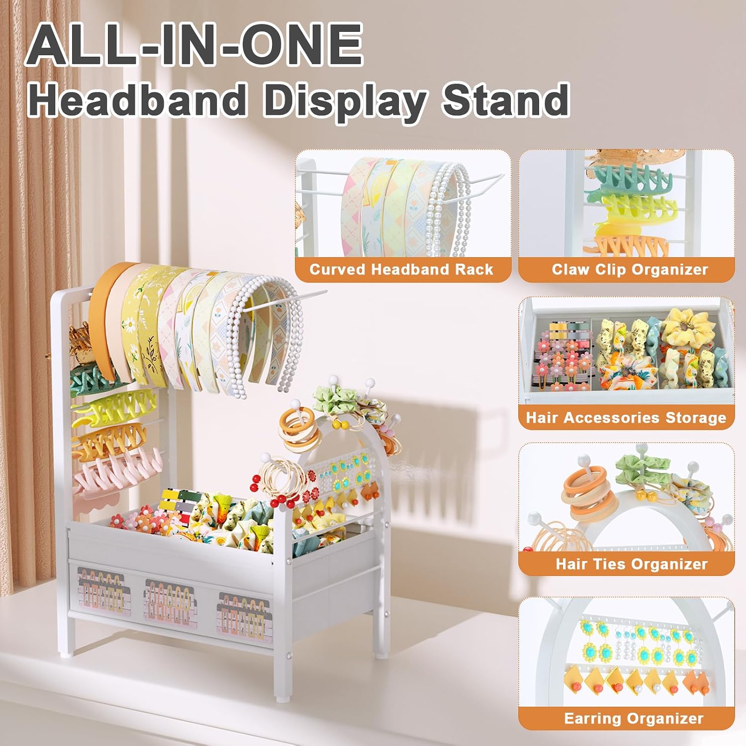 Headband Holder Organizer, Hair Tie Holder Rack for Girls and Women White | Versatile Hair Accessory Organizer for