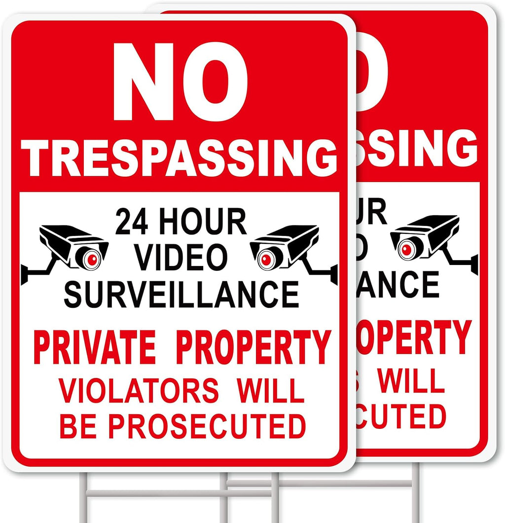 No Trespassing Signs Private Property, 2Pcs 13"x10" 2-Sided, H-Stake | UV HD-printed, weatherproof. This No