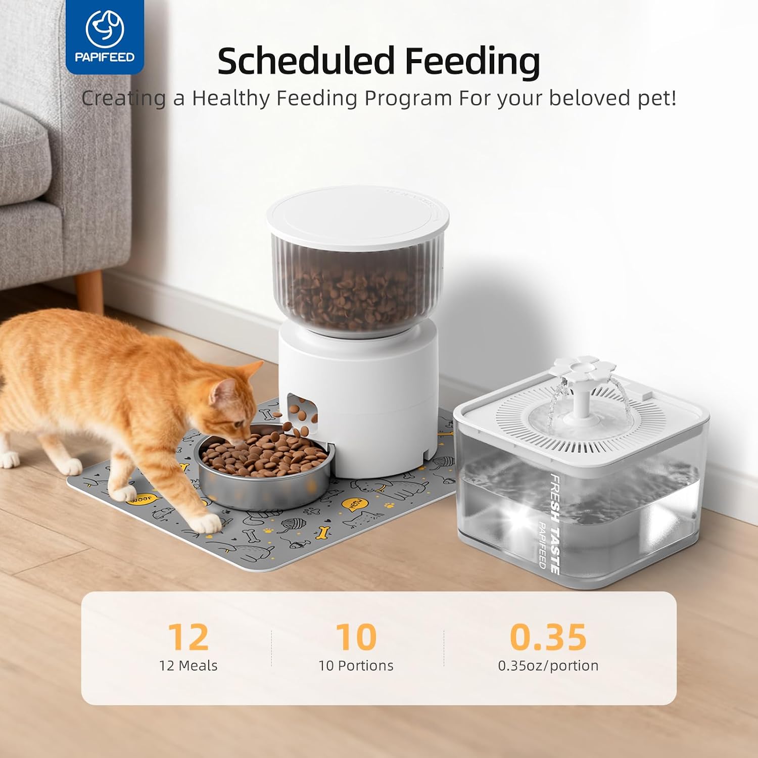 Automatic Cat Feeder and Water Fountain, 3L/12 Cups 2.4G WiFi Pet Feeder with Stainless Steel Bowl, Smart APP Control