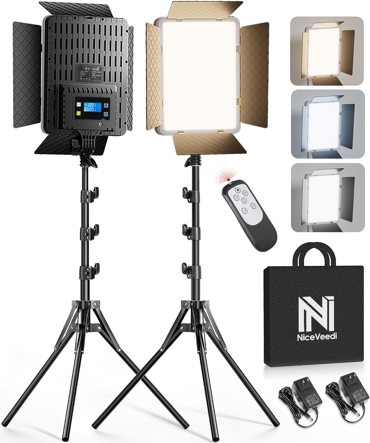 2-Pack Photography Lighting Kit, 36W Bi-Color Studio Lights 2700-6500K CRI 95+, Dimmable LED Video Light Kit with