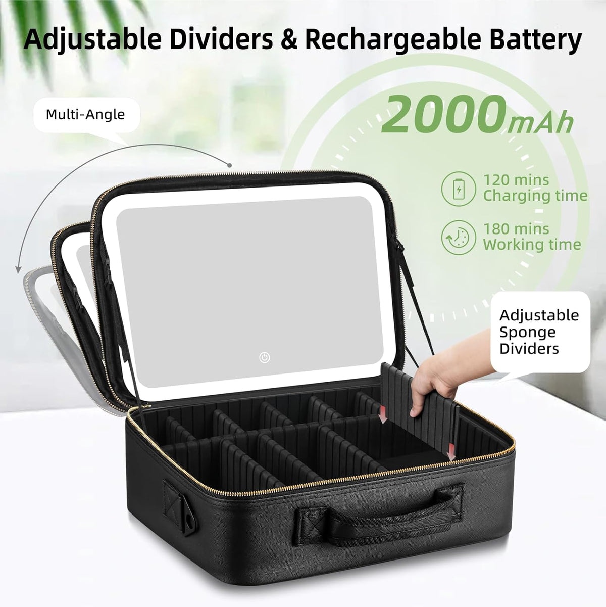 Upgraded Large Travel Makeup Bag with LED Mirror, 15” Makeup Case