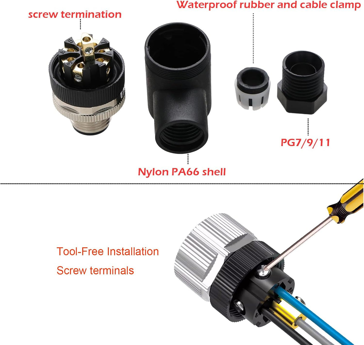 M12 5 Pin Female Connector, Screw Terminal, A-Coded, Electrical 60V 4A, Waterproof, 90-Degree, Circular, Dust-Proof for Industrial Automation Sensor DeviceNet CANopen IO-Link, 2pcs