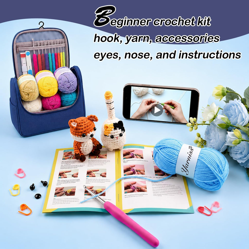 Crochet Kit for Beginners, All in One Crochet Kits with 840 Yards Crochet Yarn, Ergonomic Crochet Hooks Set with Yarn