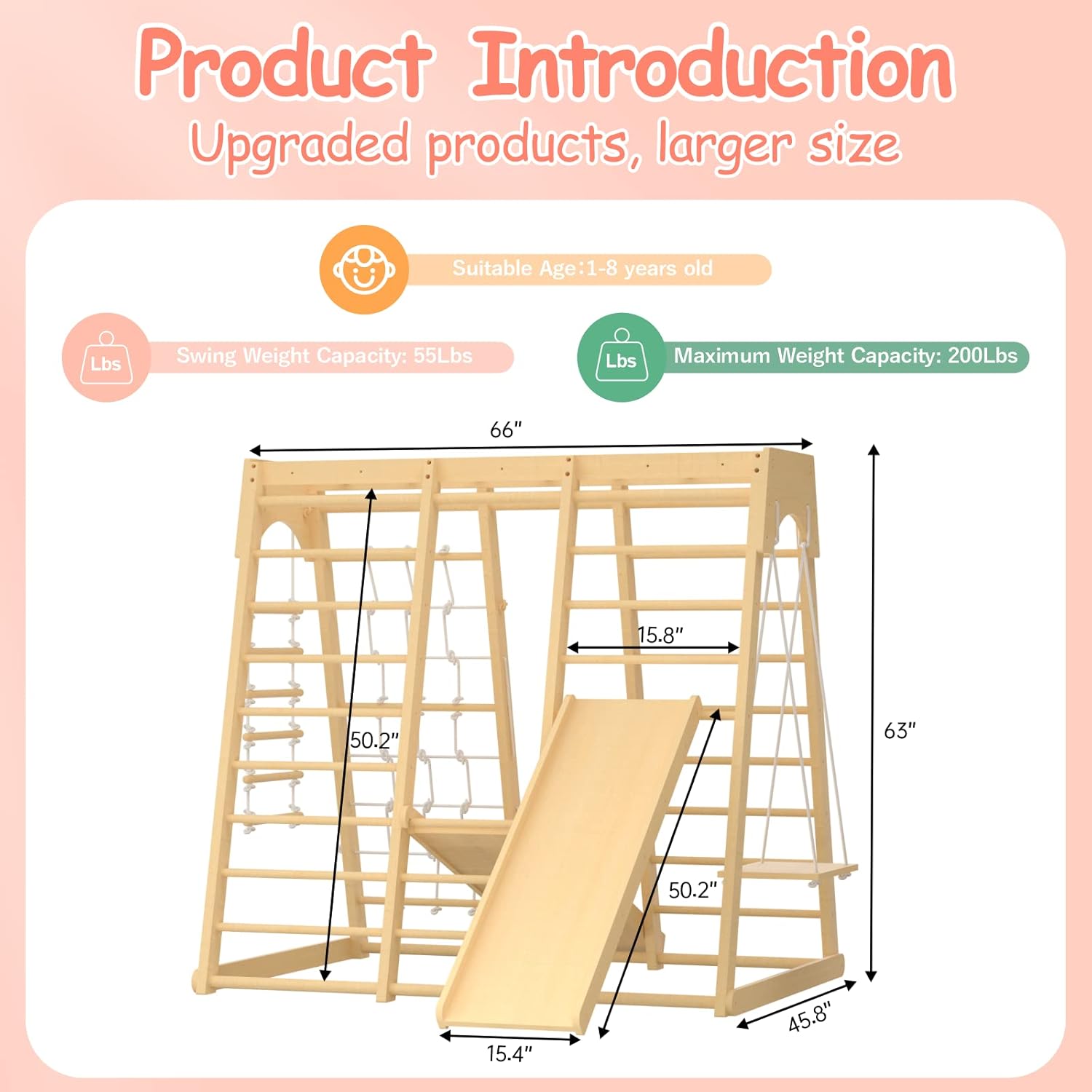 Toddler Jungle Gym, 66" Indoor Playground Set with Swing, Rock Climb Wall, Slide, Monkey Bars, Wood & Rope Ladder
