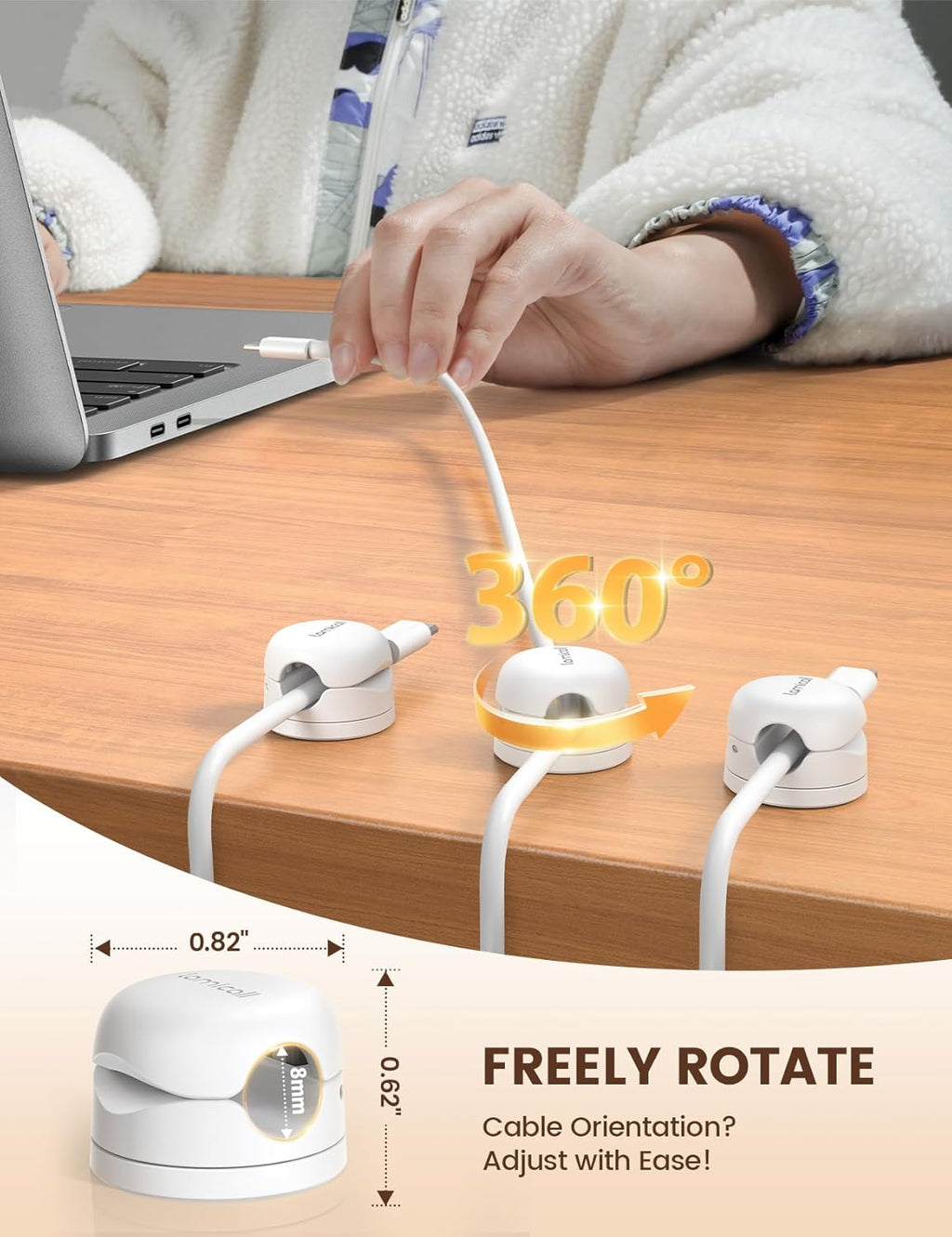 6Pack Rotatable Cord Organizer Cable Clips - [1s Lock] Spring Cord Holder, Phone Charger Cable Management for Desk