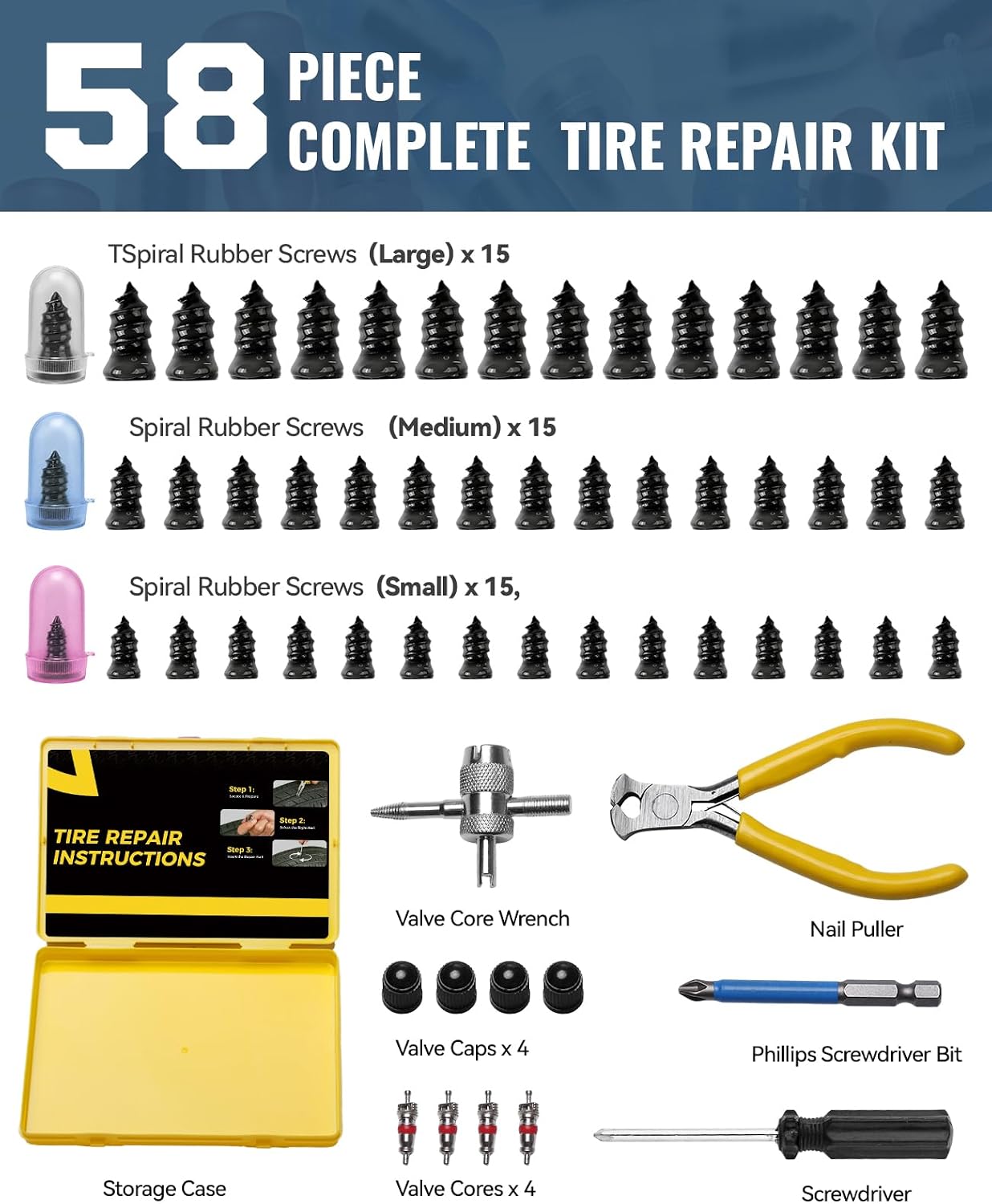Tire Repair Kit with Tire Plug Screw Type, Heavy Duty Emergency Tool | 58pcs Value Kit, Professional Flat Tire